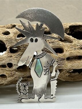 Whimsical Figural Pin Sterling Silver + Fire Opal Dog AZ Navajo Darrell Jumbo